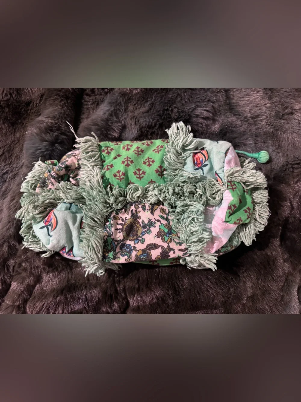Anthropologie Green Patchwork Shag Fringe Boho Clutch Bag